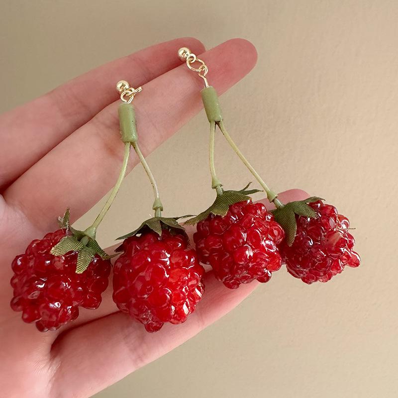 Ins Style Sweet Red Raspberry Drop Earrings Minimalist Unique Design Smart Playful Versatile Temperament Girl Pierced Jewelry