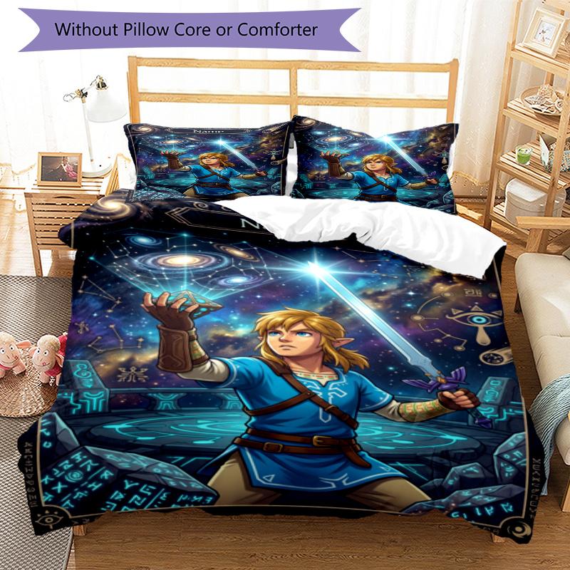 Set cuvertură de pilota 3 buc (1 * Husă de pilota + 2 * Față de pernă, Fără Miez), Set de așternut personalizat cu nume și model The Legend of Zelda, Cadou pentru Decorarea Dormitorului de Acasă