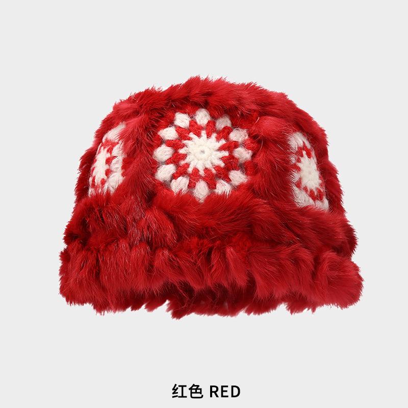 New rabbit fur lion hat women's autumn and winter cute warm plush bucket hat versatile face small handmade bucket basin hat