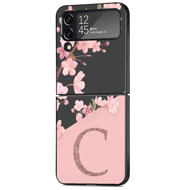 Flower Letter Pink Fashion Initial Cell Case For Samsung Galaxy Z Flip 3 5G 4 Fashion Z Flip3 Luxury Black Hard Phone Coque