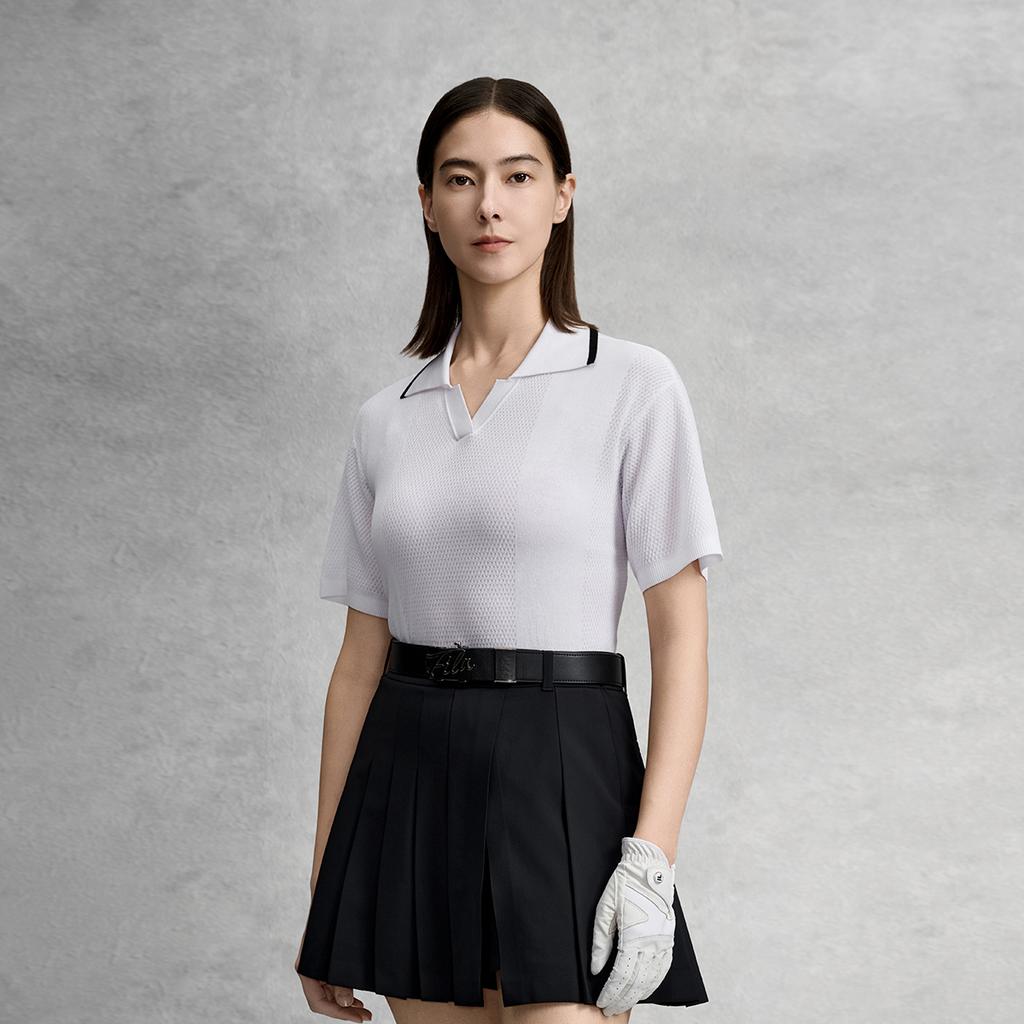 FILA Golf Series Simple Classic Retro Sports Comfortable Casual Polo Knit Short Sleeve Women tops Jade-White A11W625409FWT