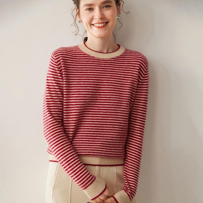 Women's Striped Cashmere Sweater - Long Sleeve, Loose Fit, Round Neck, Versatile Knitwear for Autumn/Winter