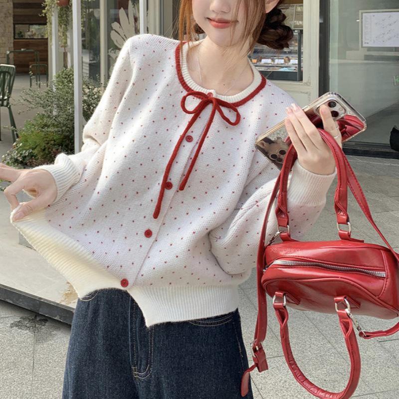 Korean Lace-Up Knitted Sweater Cardigan for Women - Bow Contrast Short Chic Top for Autumn and Winter