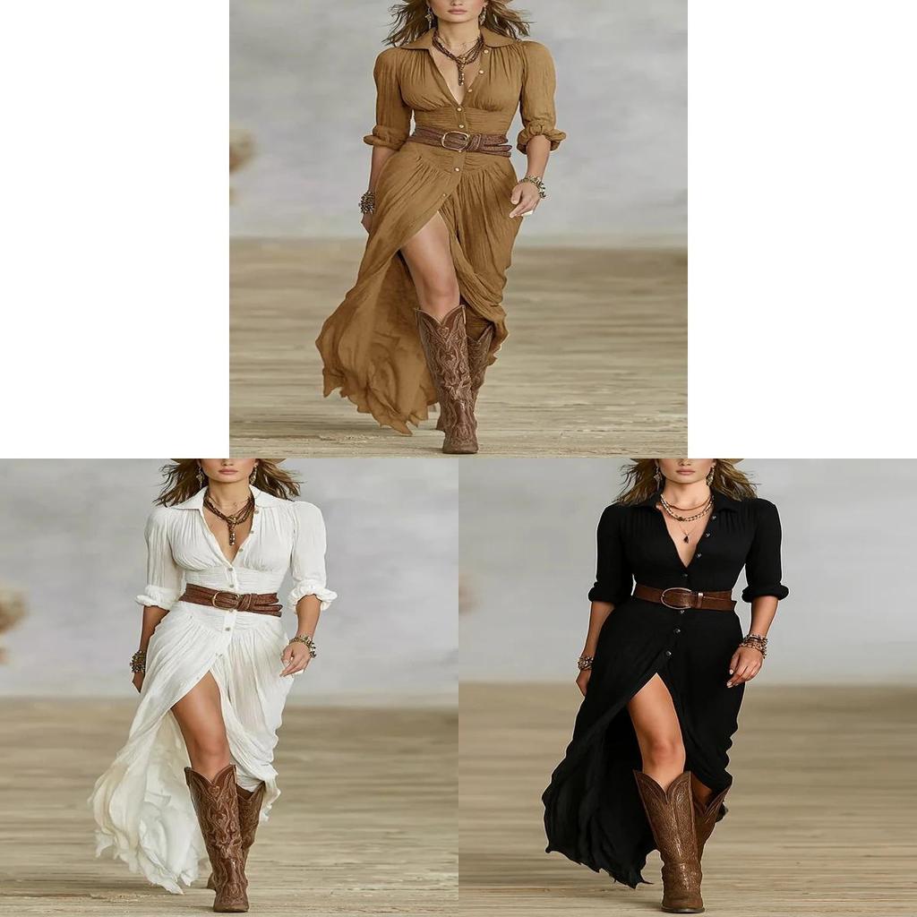 Elegante Vintage Franse Stijl V-hals Jurk met Tailleband en Lange Mouwen voor Kantoor en Casual