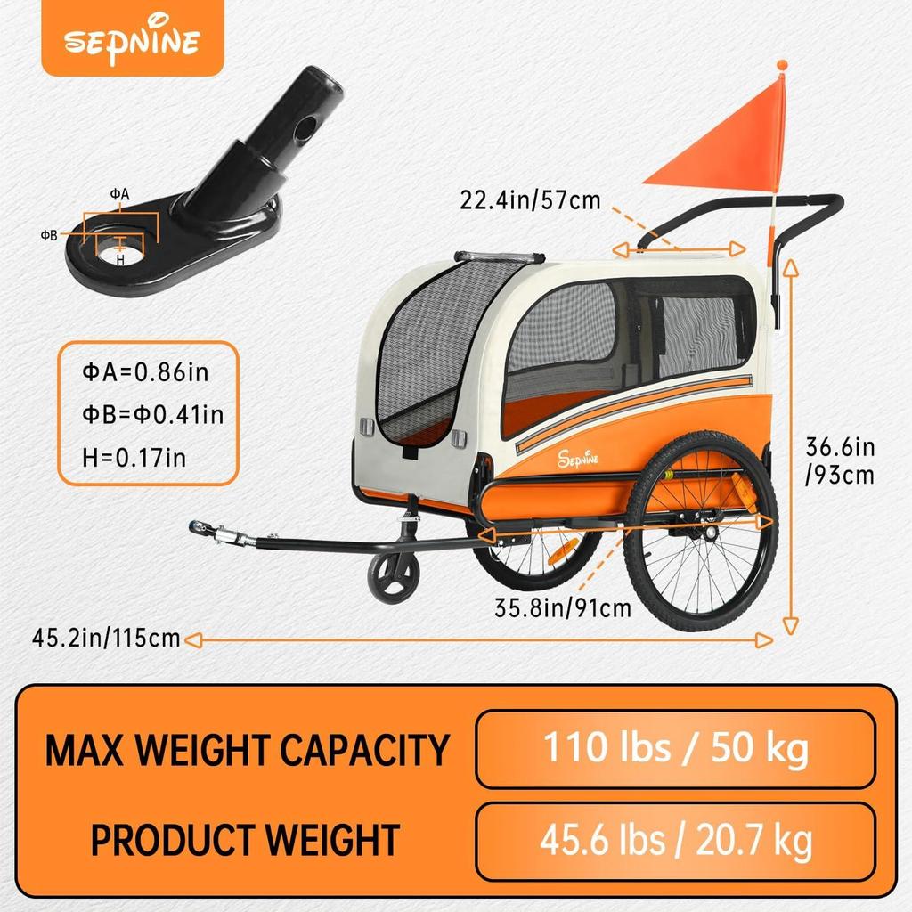 Sepnine 2-in-1 Dog Bike Trailer Stroller,Foldable Dog Cart with Quick Release Wheels,110lbs Capacity,Non-Slip Floor
