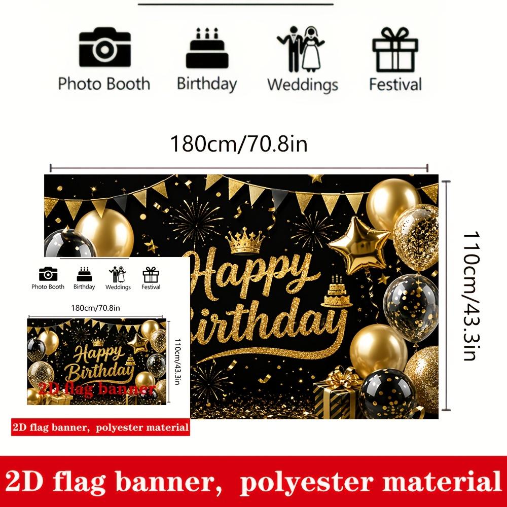 Black Gold Happy Birthday Banner Backdrop Balloons Crown Fireworks Polyester