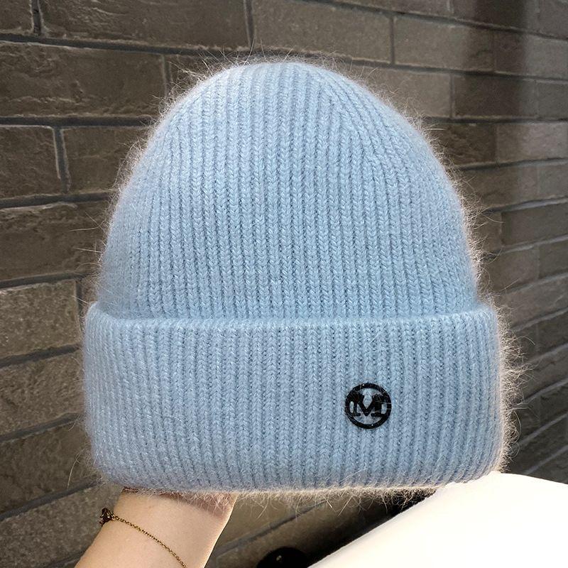 Knit Beanie Hat Rabbit Hair Blend Metal Letter M Label Warm Ear Protection Winter Autumn Trendy Skullcap Women