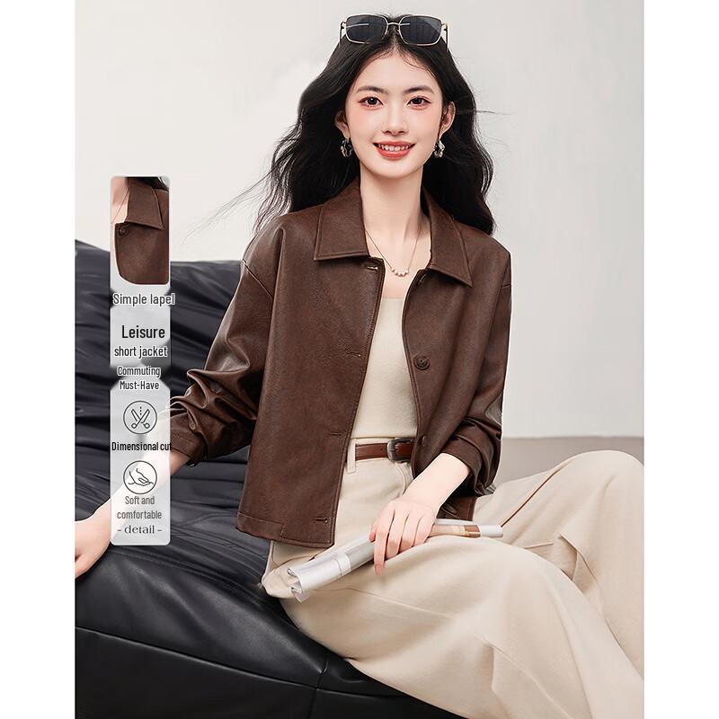 

Women s Elegant Long-Sleeve Short Faux Leather Jacket L