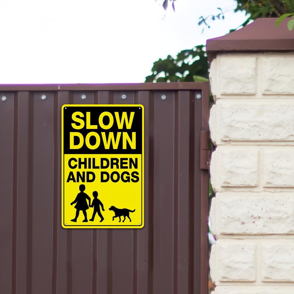 Tin Sign Vintage Durable Metal Plaque Wall Decor Home Office Bar Man Cave Slow Down Children And Dogs Warning Wall Art