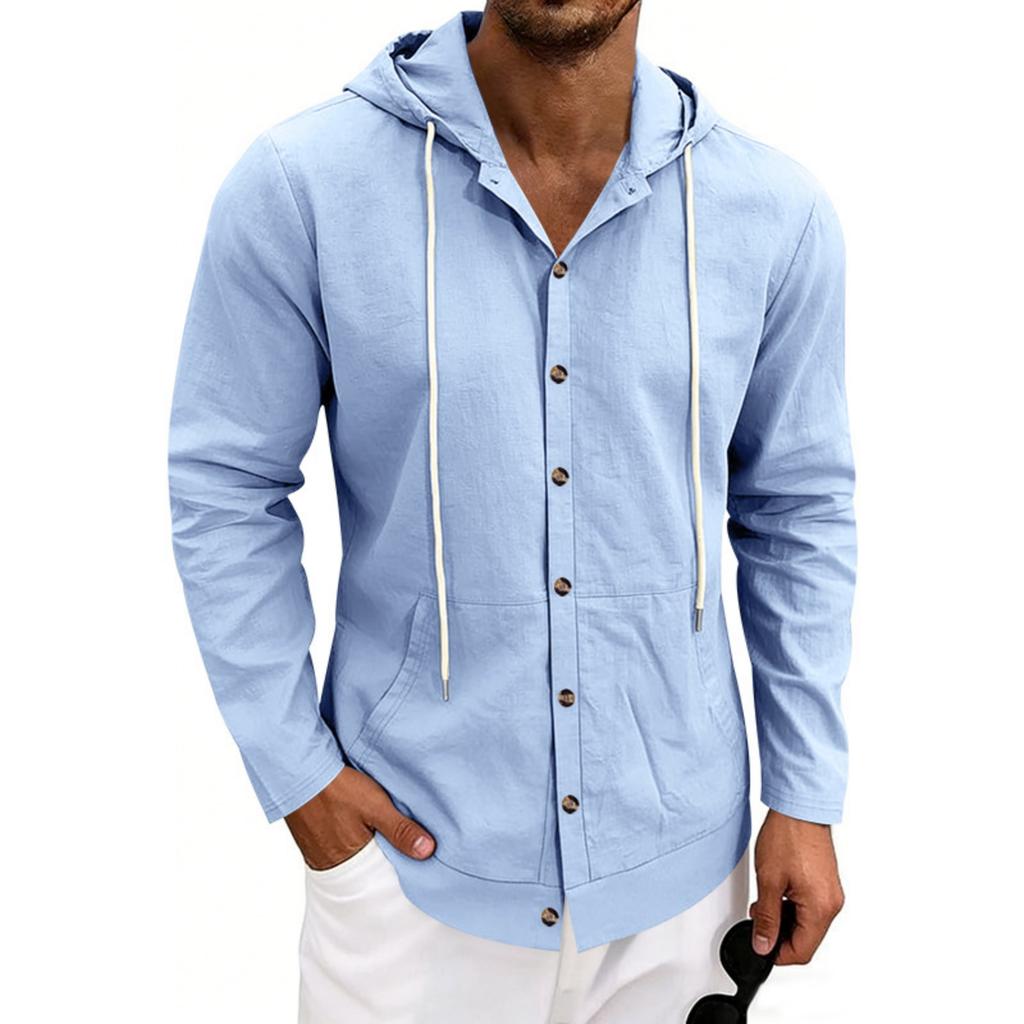 Men's Linen Casual Hooded Long Sleeve Cardigan Shirt for Beach Summer