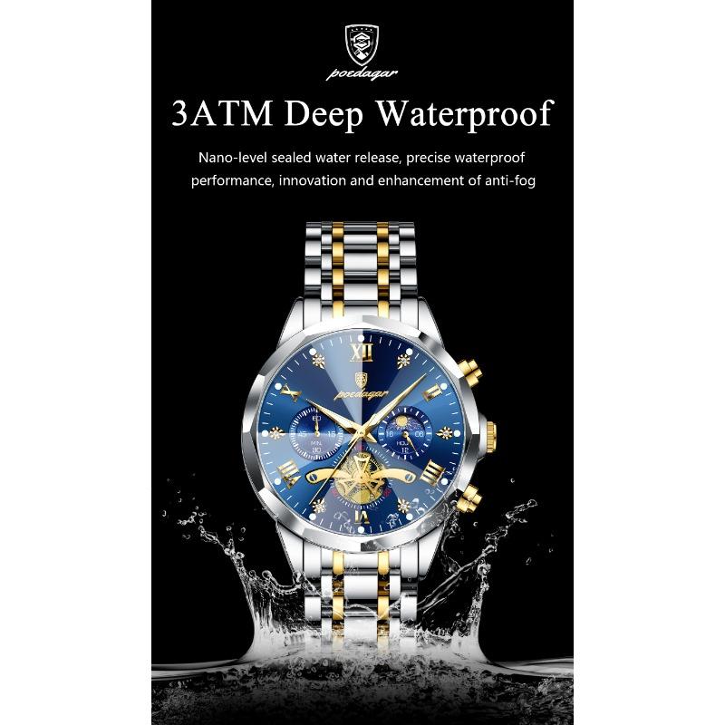 POEDAGAR Original Luxus Herrenuhr Wasserdicht Leuchtend Chronograph Armbanduhr Edelstahl Quarzuhren für Mann Reloj