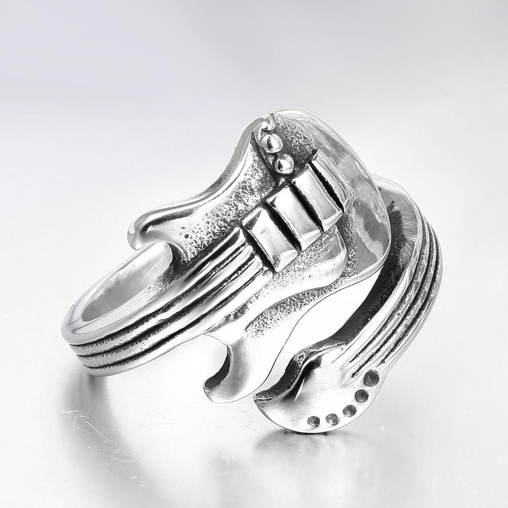 New Punk Style Personality Exaggeration European Lovers' Silver Color Oiled Guitar Ring Finger Jewelry