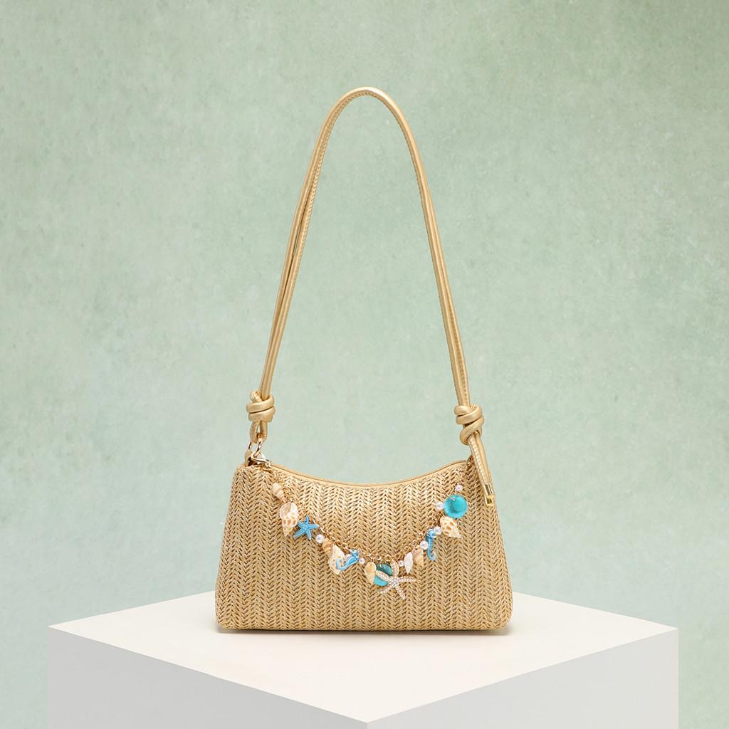 Pp Woven Crossbody Bag With Shell Pendant For Beach Vacation And Casual Wear
