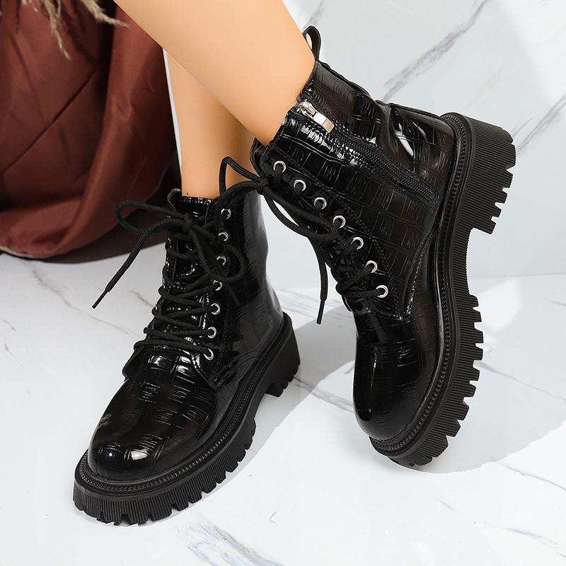 Fashion Patent Leather Thick Sole Ankle Boots Women Fashion Lace Up Zipper Black Platform Boots Woman Comfy Plus Size Motorcycle Shoes