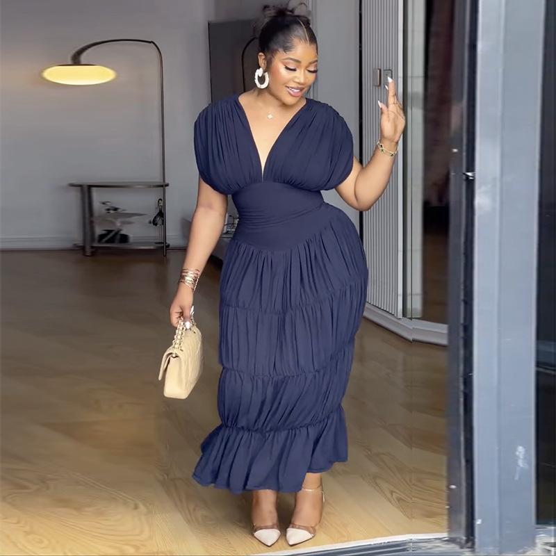 European and American women's clothing summer new fashion V-neck waist slim fit solid color pleated sleeve long dress dress