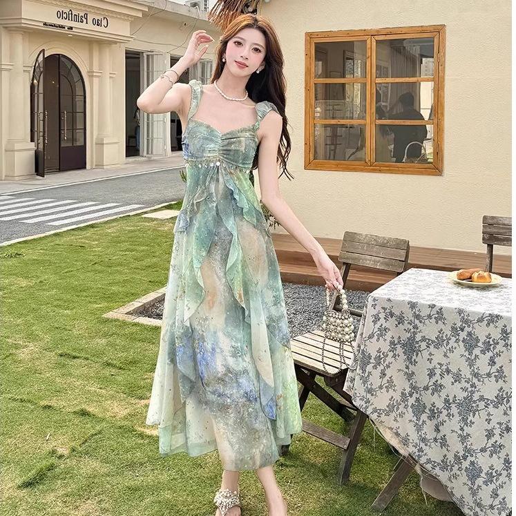 Women's Summer Tie-Dye Spaghetti Strap Dress with Ruffle Waist