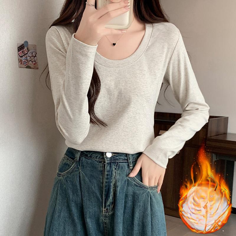 White Gray Cotton Large U-neck Long-sleeved T-shirt for Women In Autumn and Winter Design Revealing Clavicle Elastic Slim Base Top