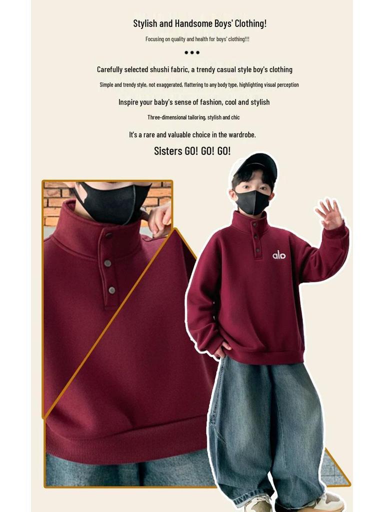 Boys' Year of the Horse Wine Red Velvet Sweatshirt - Festive Stand-up Collar 2026 New Year Style Zodiac Bestseller