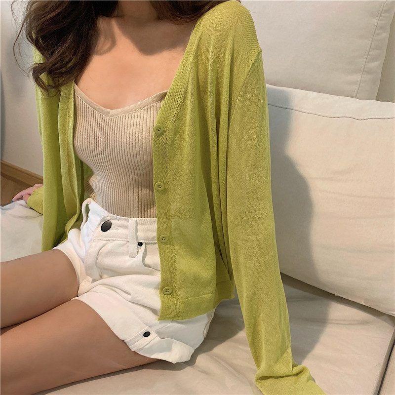 Módní letní pletené sluneční tričko Nové dámské ležérní kardigany s dlouhým rukávem V výstřih Tenký top Jednobarevné Jednoduché Elegantní halenky 3668