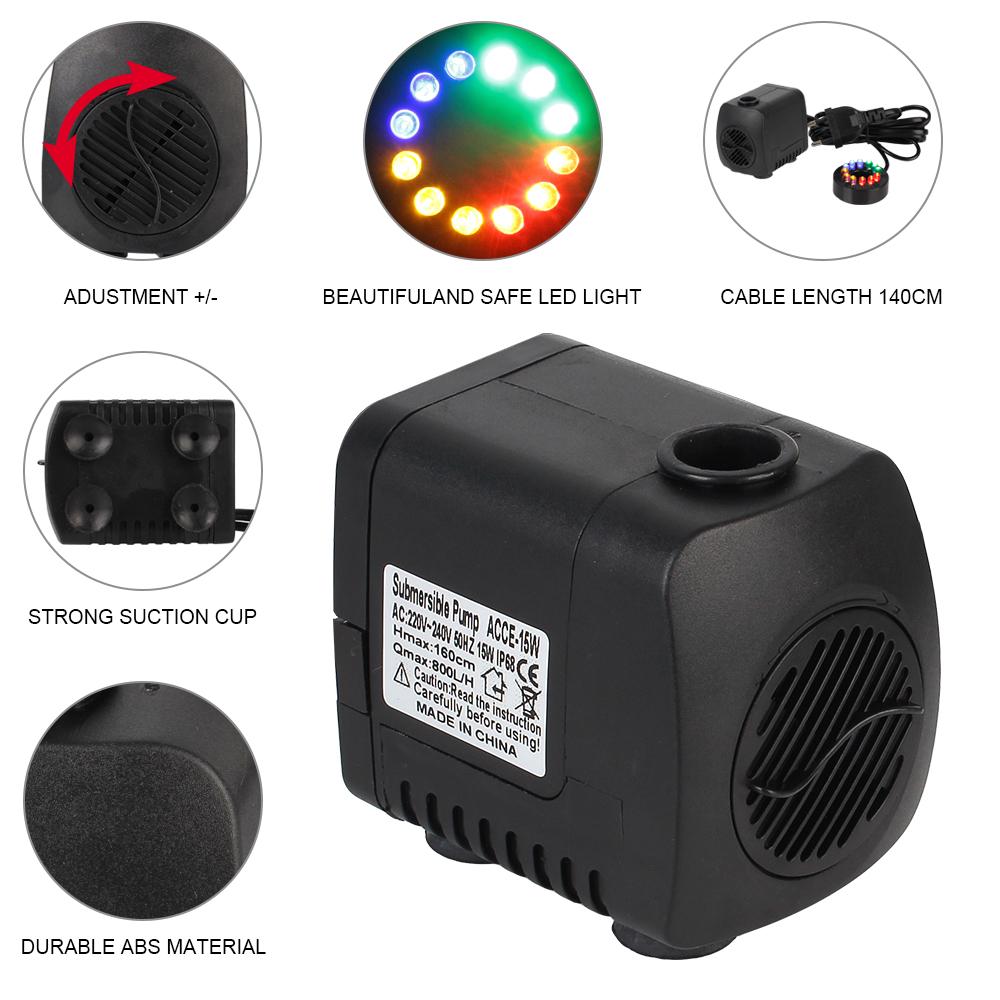 Garden Aquarium Fountain Water Pump EU Plug 15 W Ultra-quiet with Power Cord with 12 LED Light Waterproof