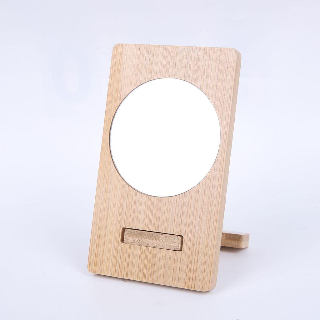 Portable Bamboo Mini Makeup Mirror with Phone Holder