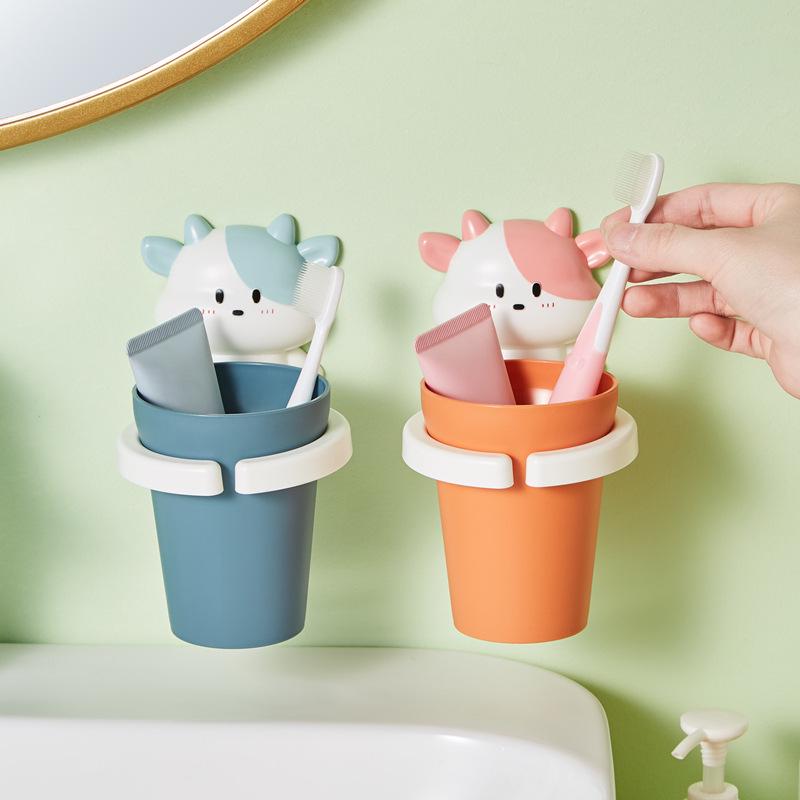 Wall-Mounted No-Drill Toothbrush & Mouthwash Cup for Kids & Students