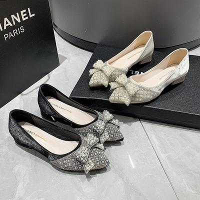 Fashion Women Luxury Pumps Spring Party Pearl Bowknot Pointed Toe Casual High Heels Shoes Girl Rhinestone Dress Shoes