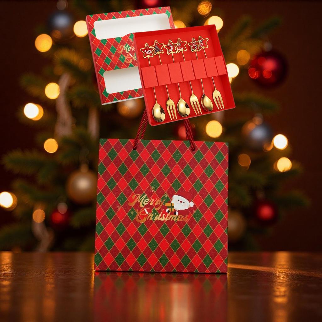 Christmas Cartoon Cutlery Set: Forks, Spoons, and Gift Box Featuring Cute Reindeer and Tree Designs.