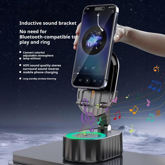 Cep Telefonu Standı 360 Derece Dönebilen Kablosuz Ses Bluetooth Uyumlu Hoparlör Telefon Tutucu Renkli Ortam Işığı ile