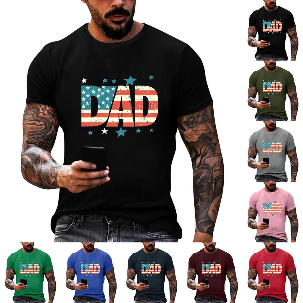Men's Loose Fit Short Sleeve T Shirt Casual Summer Daily Wear Crew Neck Tee with Patriotic Star and Flag Print for Father's Day and Independence Day