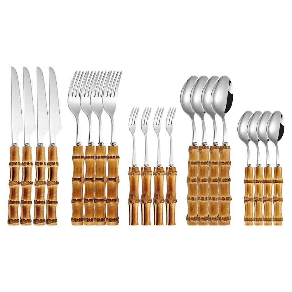 20/30pcs Bamboo Tableware Set Stainless Steel Nature Handle Retro Dinnerware Cutlery Steak Knives Table Fork Spoon Dessert Gift