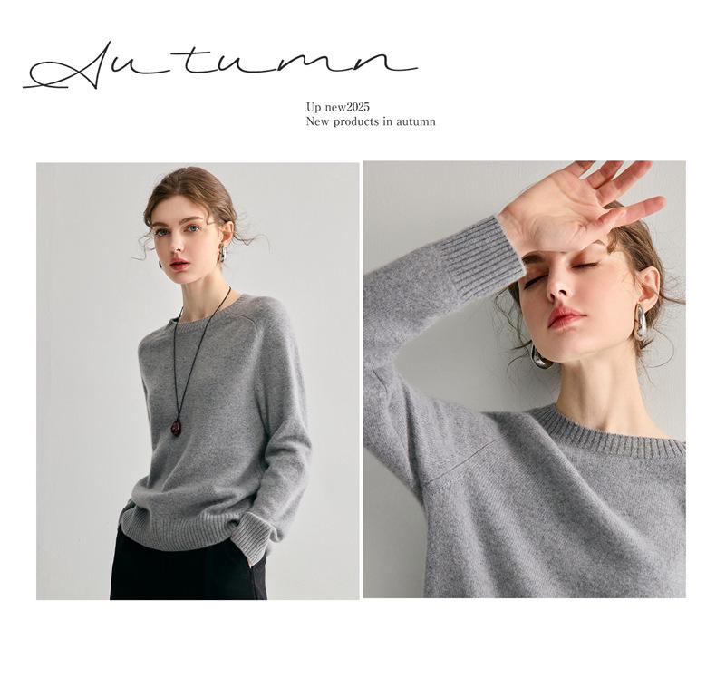 Women's 100% Pure Cashmere Heather Yarn Sweater, Round Neck, Loose Fit, Soft, Light Luxury, Knitted Base Layer for Autumn/Winter.