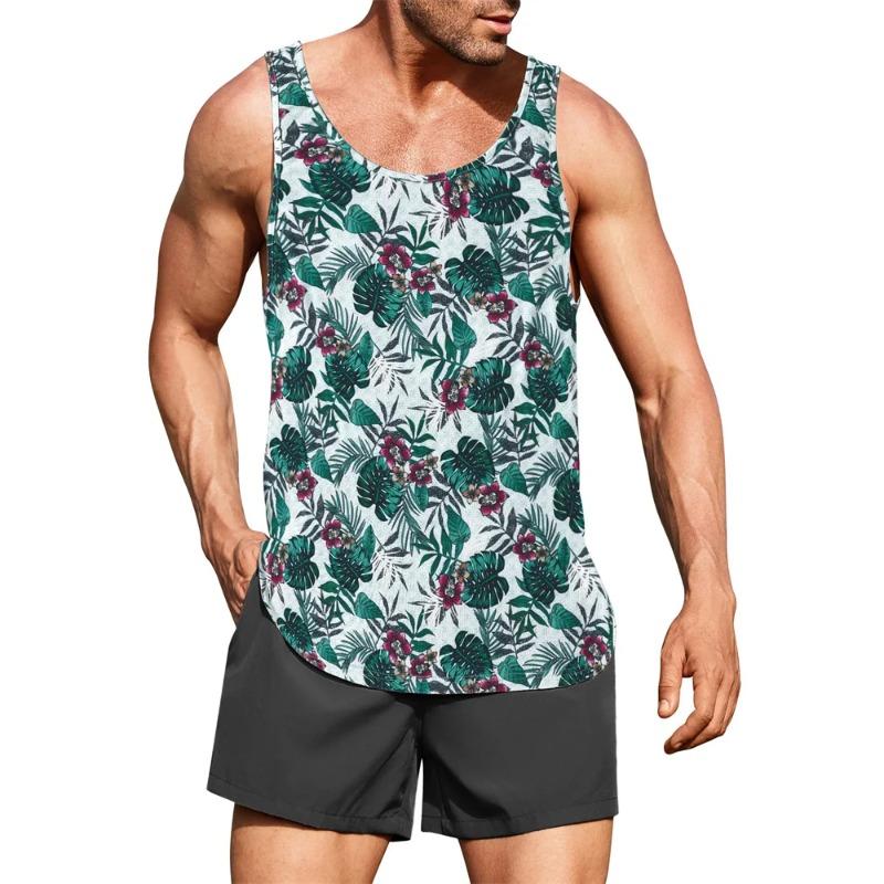 

Летний топ с круглым вырезом и 3D-принтом пальмовых листьев, модный повседневный гавайский жилет без рукавов, мужские футболки S