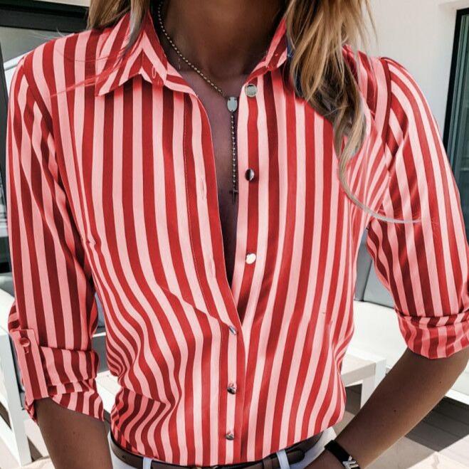 TIFICY Women s Fashion Casual Spring Autumn Stripe Print Long Sleeve POLO Neck Blouses & Shirts S красный