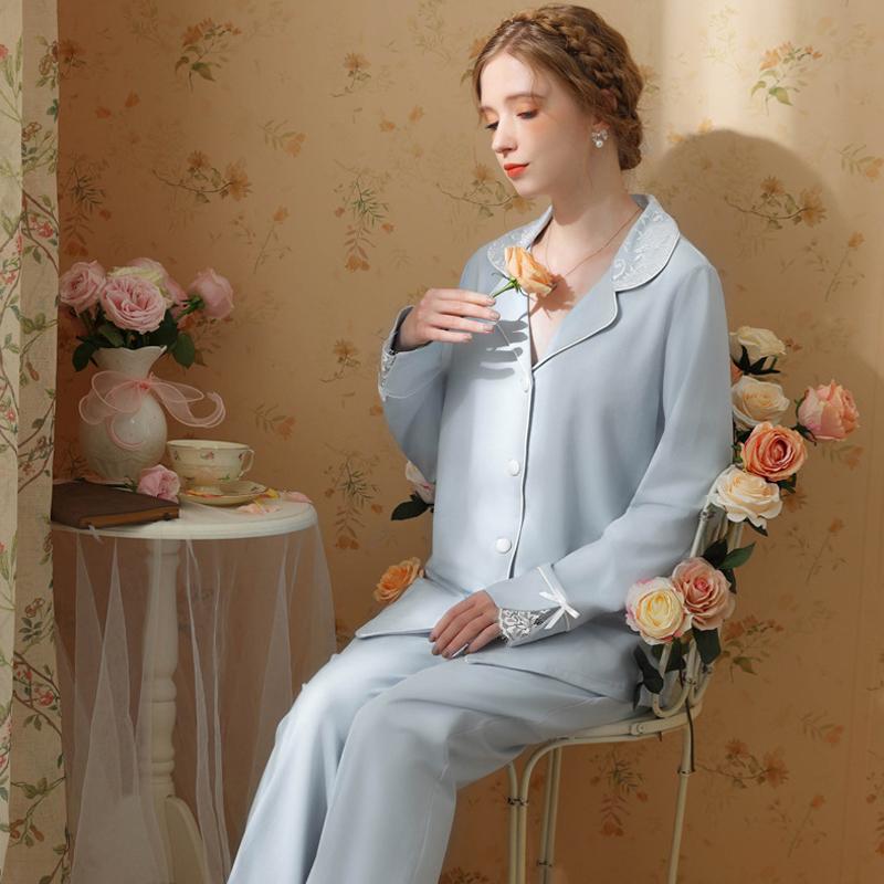 

Женский роскошный элегантный пижамный костюм, сексуальный кружевной пэчворк, домашняя одежда, пижамы, брюки с длинными рукавами, комплект из 2 предметов, одежда для отдыха XL синий