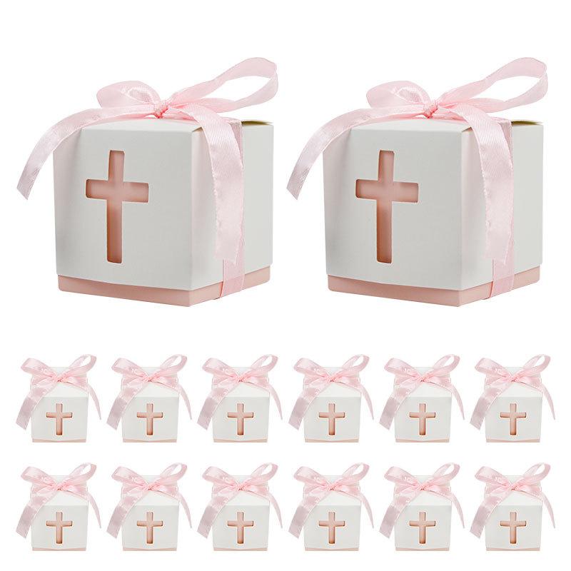 

Hollow Cross Ribbon Gift Box, Blue Gold And Pink Three Colors, Party Baptism Souvenir Wedding Candy Packaging Box
