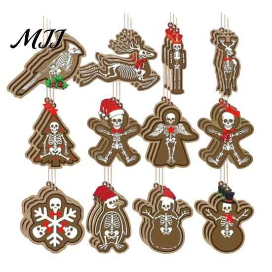 Alternative Christmas Tree Decor 12/24/36Pcs Ornaments, Skeleton Gingerbread Decorations, Gothic Skull Wooden Holiday Pendants Wooded Hanging