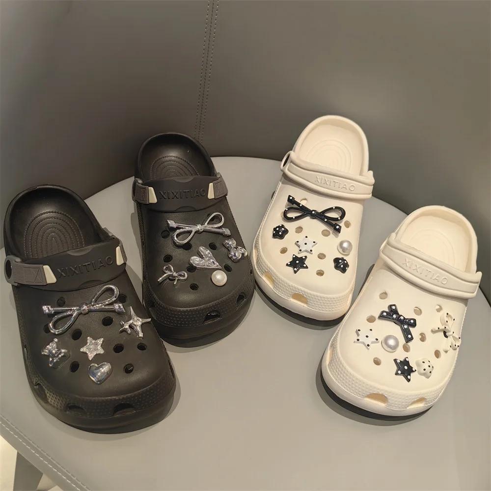Set DIY Bow Star Pearl Shoe Decorations Silver Advanced Black White Dot Shoe Charms Detachable Buckle Shoes Accessories 1 Set