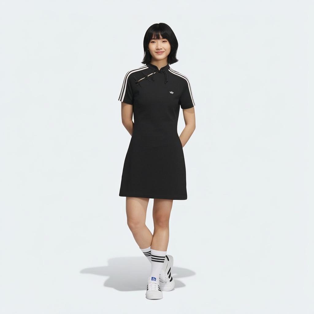 adidas Originals Bequemes, weiches, hautfreundliches, modisches Kurzarmkleid für Damen, Schwarz KB6409