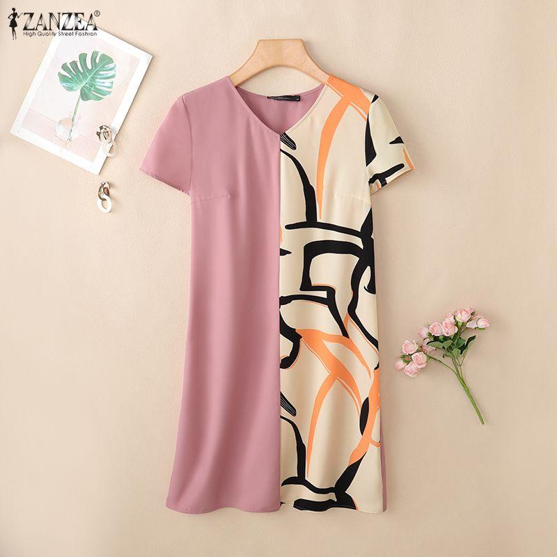 ZANZEA Women Casual V-Neck Short Sleeve Loose Print Patchwork Dress