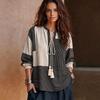 Women's Casual Striped V-Neck Blouse with Tie Front Loose Fit Retro