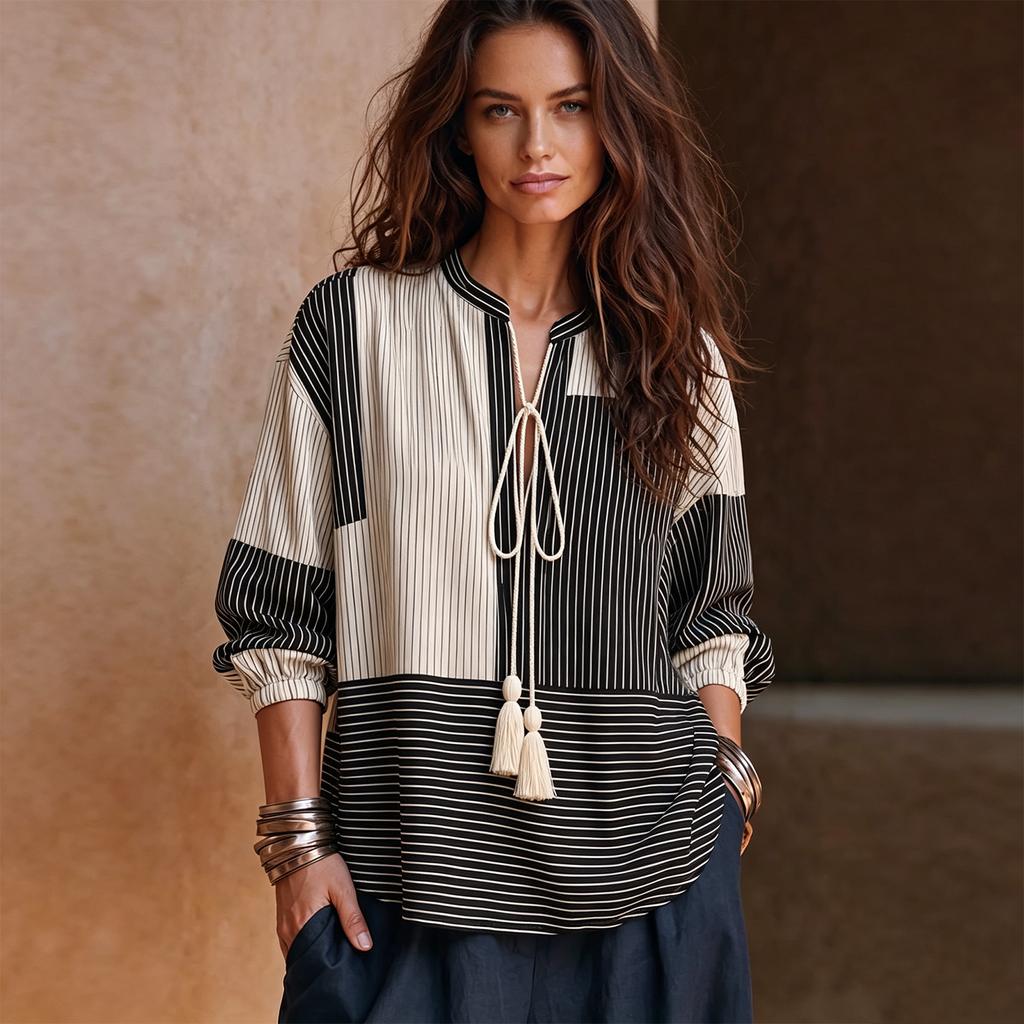 Women's Casual Striped V-Neck Blouse with Tie Front Loose Fit Retro