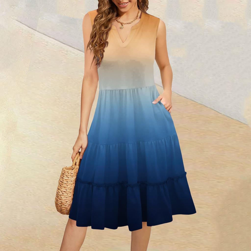 Women's Summer V-Neck Casual Pleated Ruffle Gradient Sleeveless Dresses
