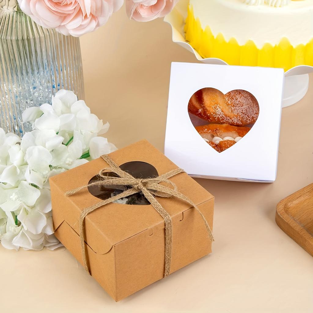 20 ks bílá a hnědá krabička s okénkem srdce 10 * 10 * 6,5 cm / 3,93 * 3,93 * 2,55 palce Dárková krabička pro narozeninovou svatební párty Vánoce
