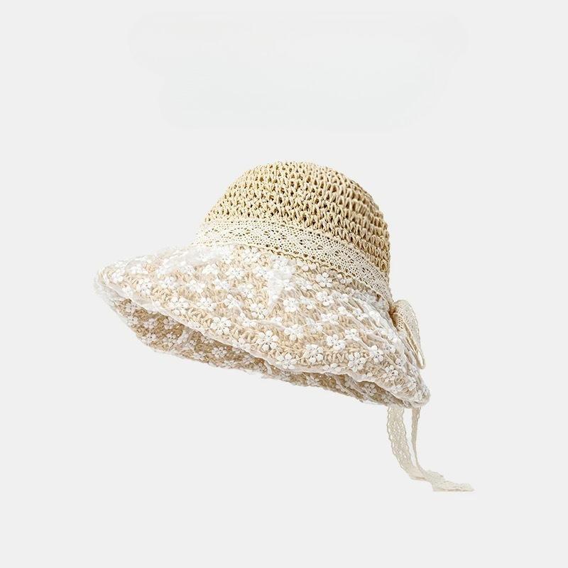 Ladies' Lace Flower Crochet Straw Hat Cute Solid Color Wrapped Bow Fisherman Hat Spring/Summer Beach Vacation Shade Straw Hat