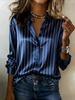 Camisa Elegante Feminina Azul Marinho de Cetim com Listras Verticais Brancas - Blusa de Manga Longa com Botões para Escritório e Uso Casual