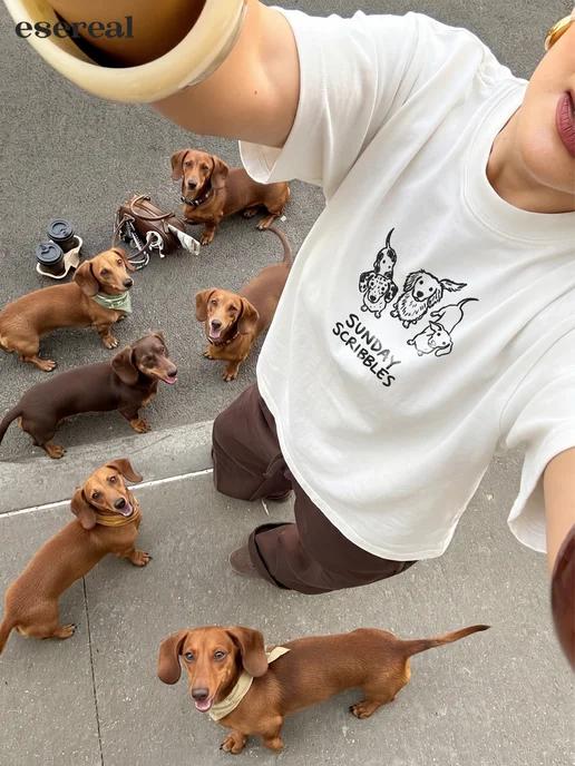 Oversized Y2K-print T-shirt: Dachshund M