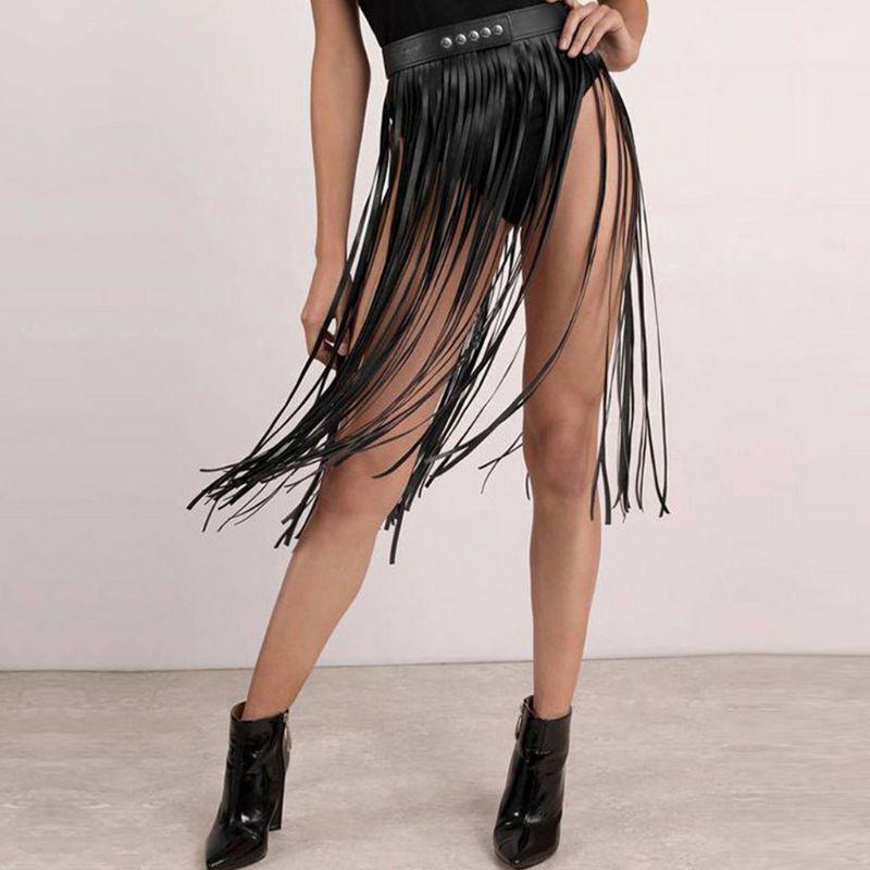 Womens High Waist Faux Leather Tassels Skirt Body Harness Punk Party Clubwear Charm Center Confident Dance