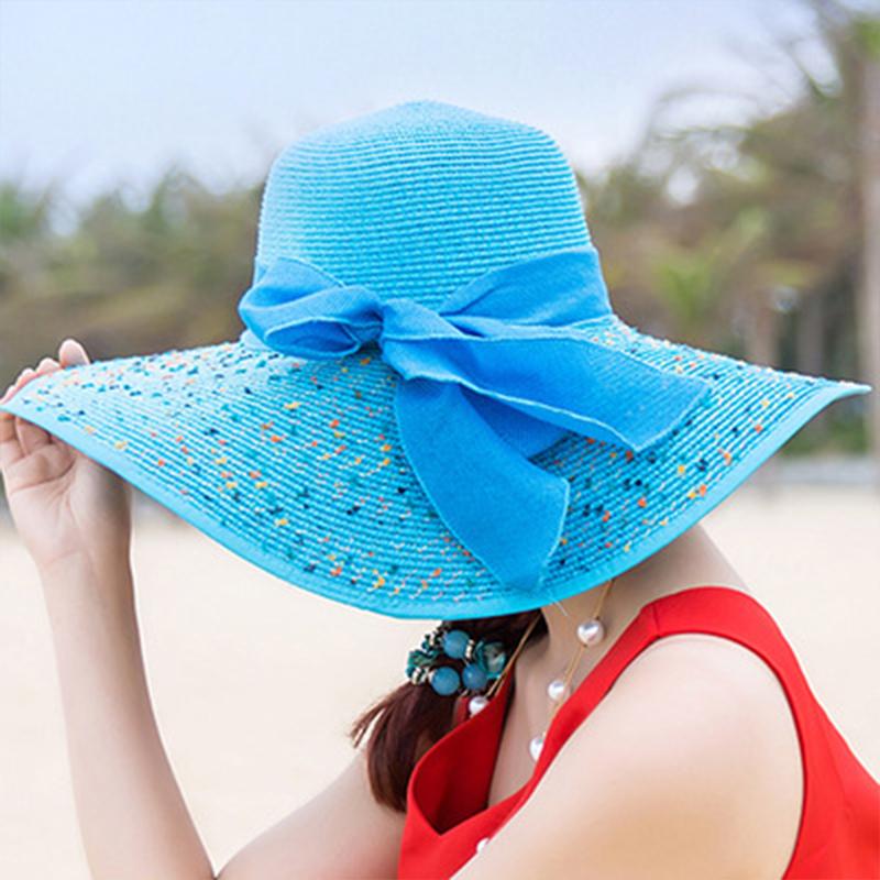 Summer Women Big Brim Straw Bow Hat Sun Fashion Wide Brim Floppy Panama Cap Outdoor Foldable Uv Protect Travel Femme Beach Hats