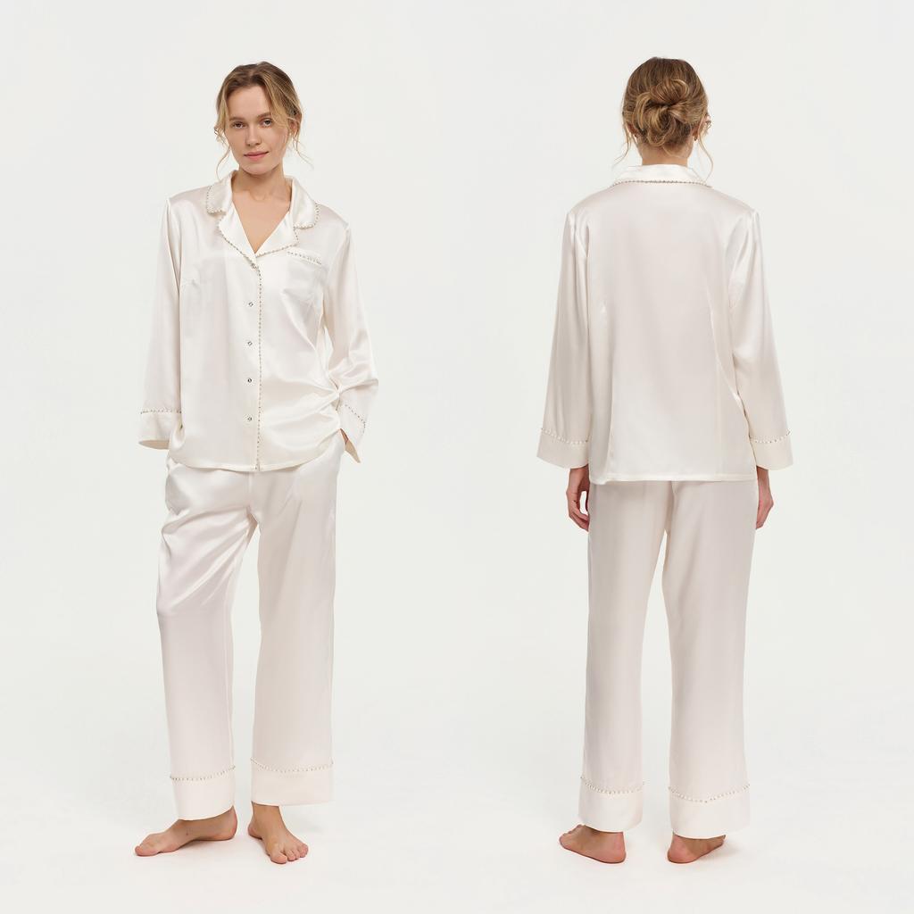 100% mulberry silk pajamas women's summer high-end long-sleeved trousers two-piece set of silk heavy silk pajamas loungewear